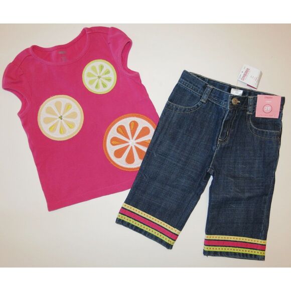 Gymboree short sleeve pink top t-shirt jeans capri pants stripe dot yellow 2T 3 - Picture 1 of 6